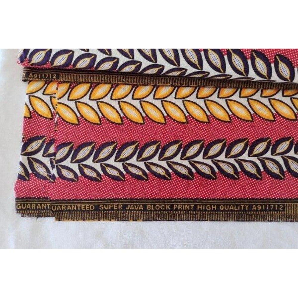 Vintage Veritable Super Java Block Print Fabric Red Yellow Retro African Cotton - Picture 3 of 4